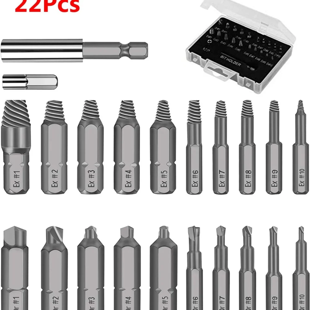 

22 шт., набор для извлечения поврежденных винтов, набор экстракторов для сверл, набор для извлечения съемников сломанных болтов, гаек, экстрактор для разборки