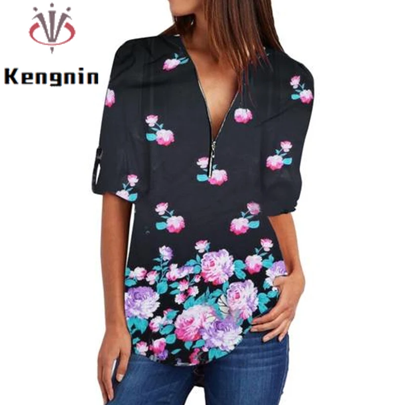

New 2022 Autumn Print Floral Women Tops Sexy V-Neck Zipper Designer Lady Blouse Long Sleeve Female Shirts Casual Clothing KN502