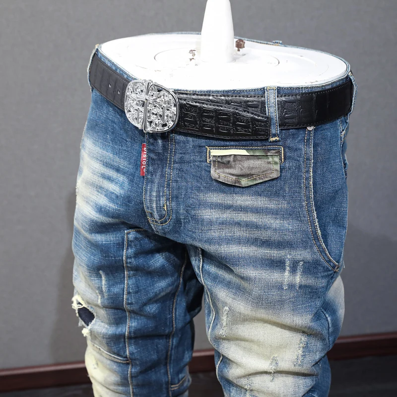 Street Fashion Men Jeans Retro Blue Stretch Elastic Slim Fit Ripped Jeans Men Spliced Designer Hip Hop Denim Biker Pants Hombre