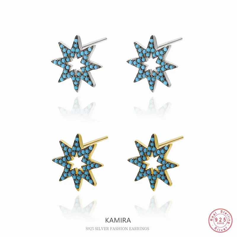 

KAMIRA Real 925 Sterling Silver Fashion Polygon Star Zircon Stud Earrings for Women Gothic Rock Party Piercing Earrings Jewelry