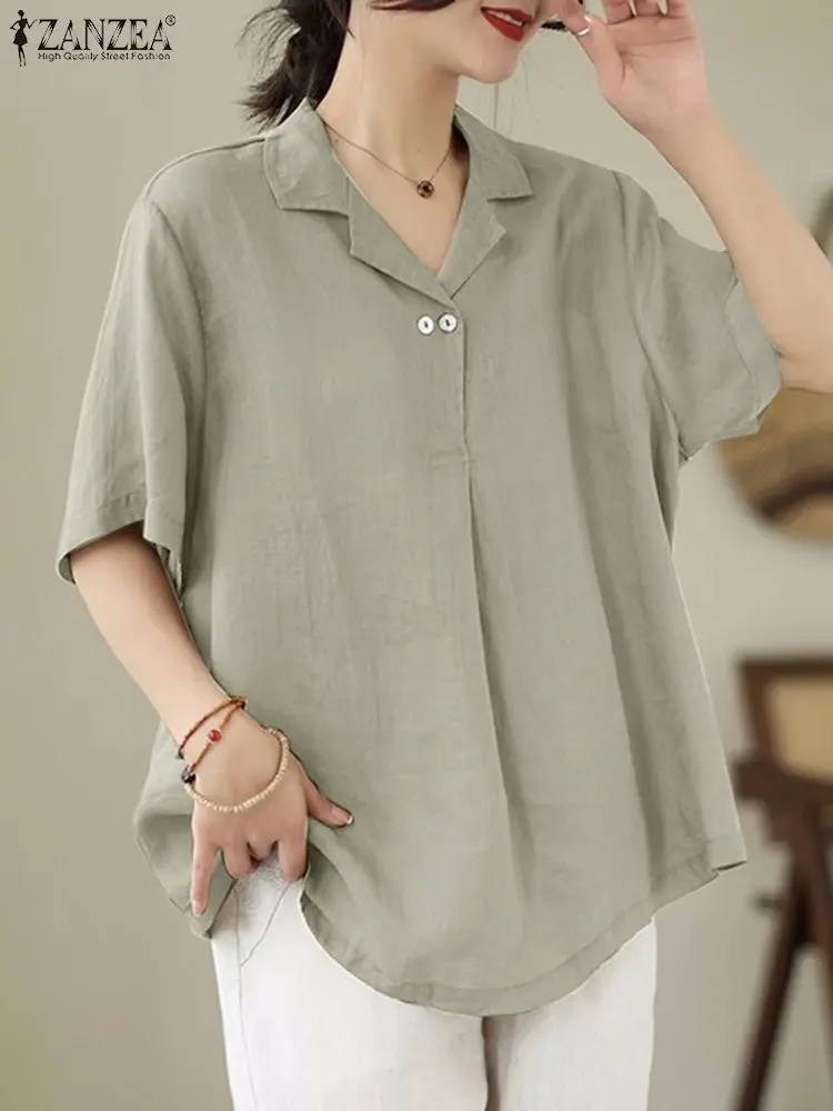 

ZANZEA Korean Fashion Blusas 2023 Summer Placket Front Shirt Solid Women Blouse Casual Half Sleeve Cotton Notched Collar Tops