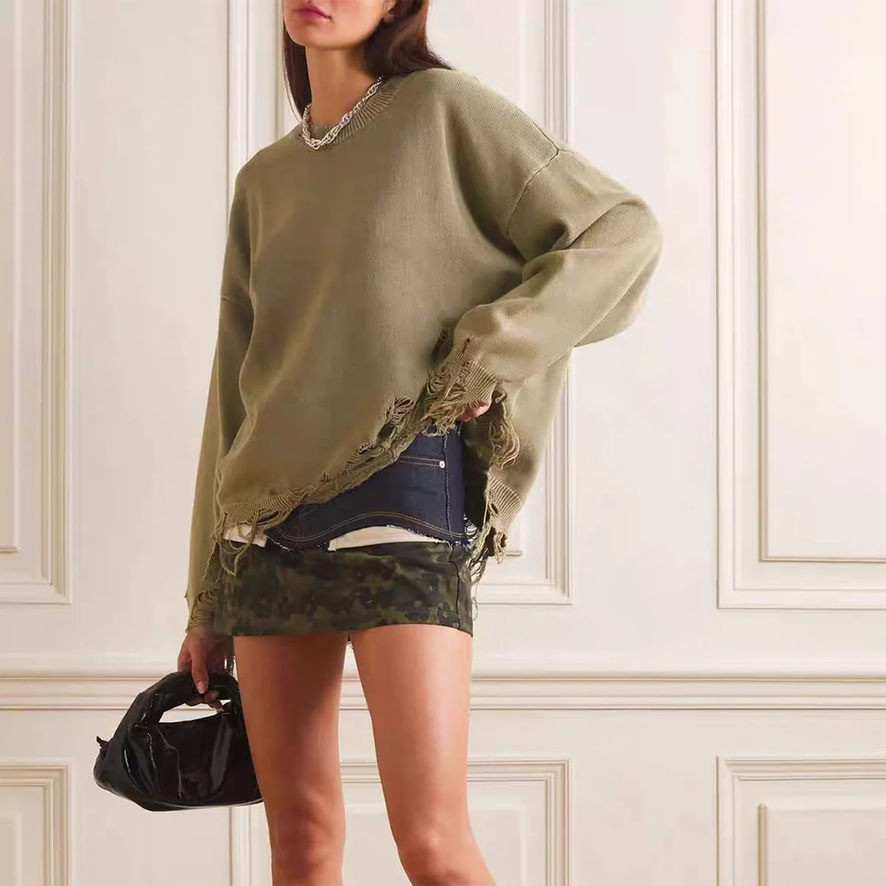 

Женский вязаный свитер, свободный трикотажный свитер с длинным рукавом и круглым вырезом, с открытыми плечами, большие размеры, Осень-зима 2023