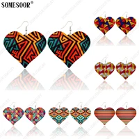 somesoor african tribal ethnic fabric art print wooden drop earrings geometric pattern big heart pendant women dangle jewelry