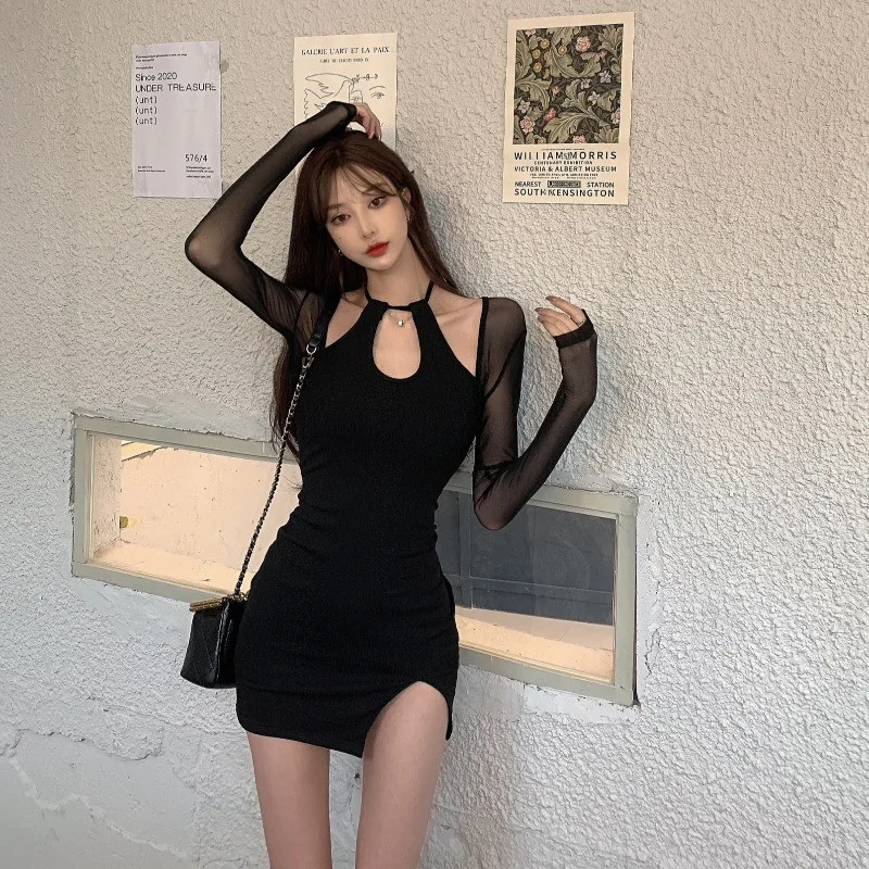 

Sexy Halter Little Black Dress New Spring Summer Transparent Mesh Sleeve Inner Base Dress Hollow Out Pencil Mini Party Dress