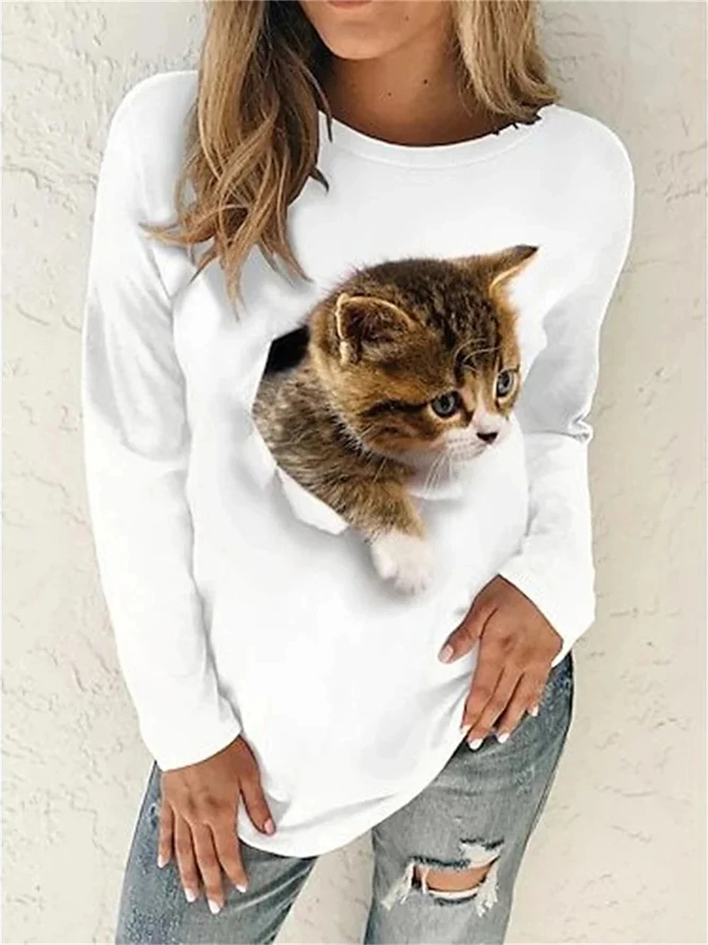 

Women's White Cat Print Long Sleeve Daily Weekend Basic Round Neck 3D Cat Painting T Shirt