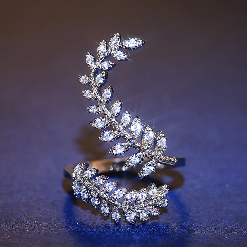 

New Elegant Adjustable Ring with Open Leaves At Both Ends Girl Cocktail Dining Shining Crystal Zircon Fashion Jewelry