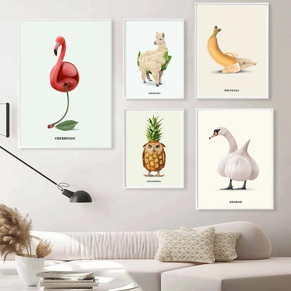

Abstract Funny Animal Fruit Canvas Painting Dolphin Banana And Pineapple Owl Poster Modern Home Decoration Picture For Kitchen