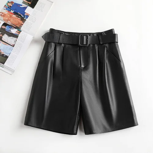 Luxury brand Winter Clothes Fashion Korean Wide Leg Belt Leather Knee Length Trousers Black Pants for Women