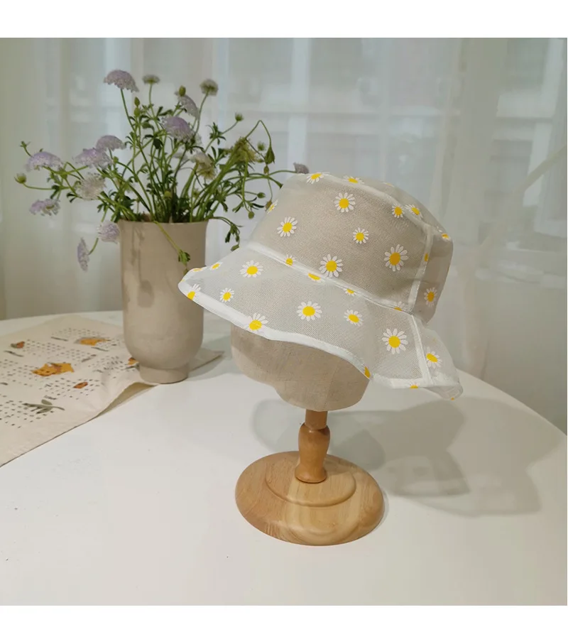 Прозрачная женская вязаная шляпа с принтом маргариток для пляжа, панама из сетки с защитой от солнца, модные летние кепки с декором.