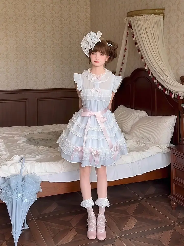 Фото COALFELL Blue sweet girl date outfit - редкое платье в полоску для весенне-летнего сезона в стиле Лолита №5