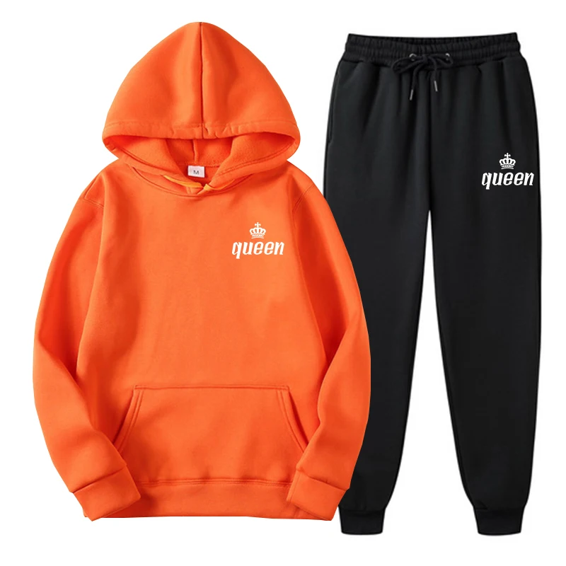 

Повседневные спортивные комплекты 2022, модная толстовка с надписью QUEEN на весну и осень, черные повседневные брюки, комплект из двух предмето...