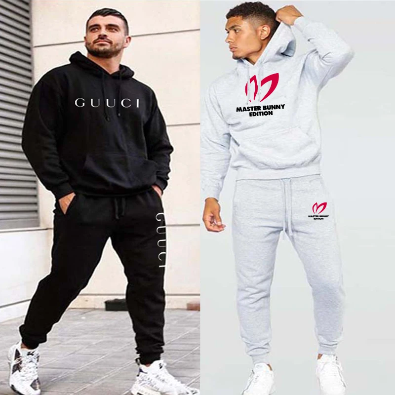 

Костюм спортивный мужской с длинным рукавом, модная Роскошная толстовка с надписью и штаны, костюм для бега, Свободный Повседневный наряд с принтом, комплект из пуловера