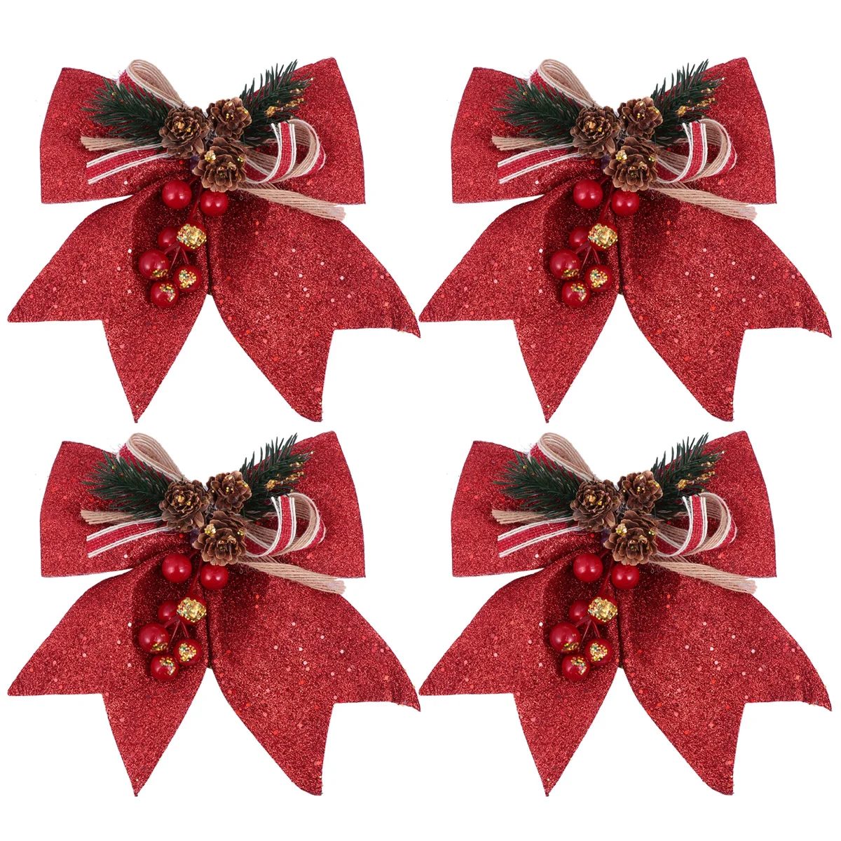 

4Pcs Christmas Tree Bows Glitter Pine Cone Xmas Tree Bowknot Ornaments Tree Topper Bow Gift Bow for Tree Hanging Decor Supplies