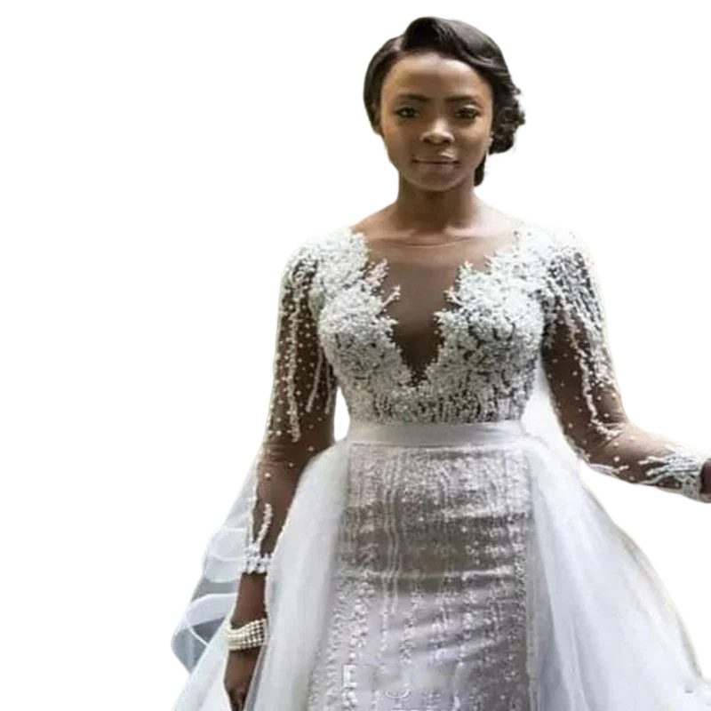 

Newest Appliques Pearls Mermaid Wedding Dress with Detachabel Train Vestidos De Novias African Plus Size Bridal Gowns