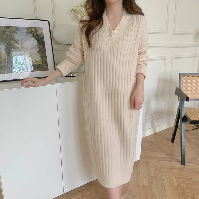 

Office Lady Big Loose Knitted Pullover Long Dress Women Autumn Winter New Simple Elegant Comfortable Casual Dress Dropshipping
