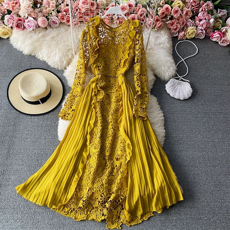 

Summer Women Hollow Out Lace Dress Elegant Ruffles Large Hem Patchwork Chiffon Dress Ladies A Line Long Pleated Party Vestidos