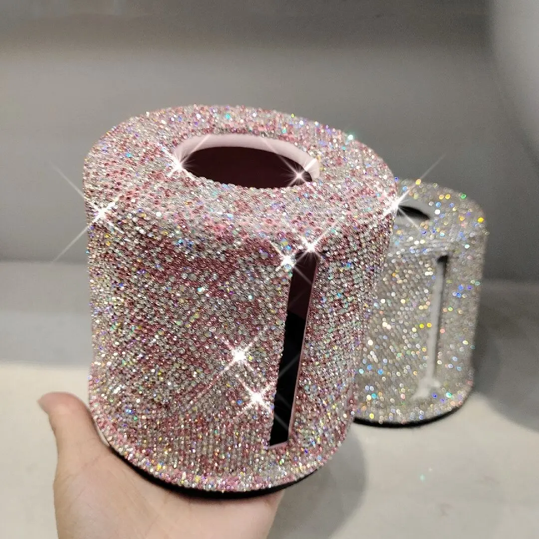 

Handmade Crystal Rhinestone Plastic Roll Tissue Box car Table Top Tissue Bucket Waterproof Toilet Paper Box Bathroom