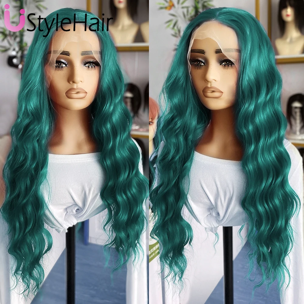 UStyleHair Бирюзово-зеленый длинный парик Синтетический кружевной передний с
