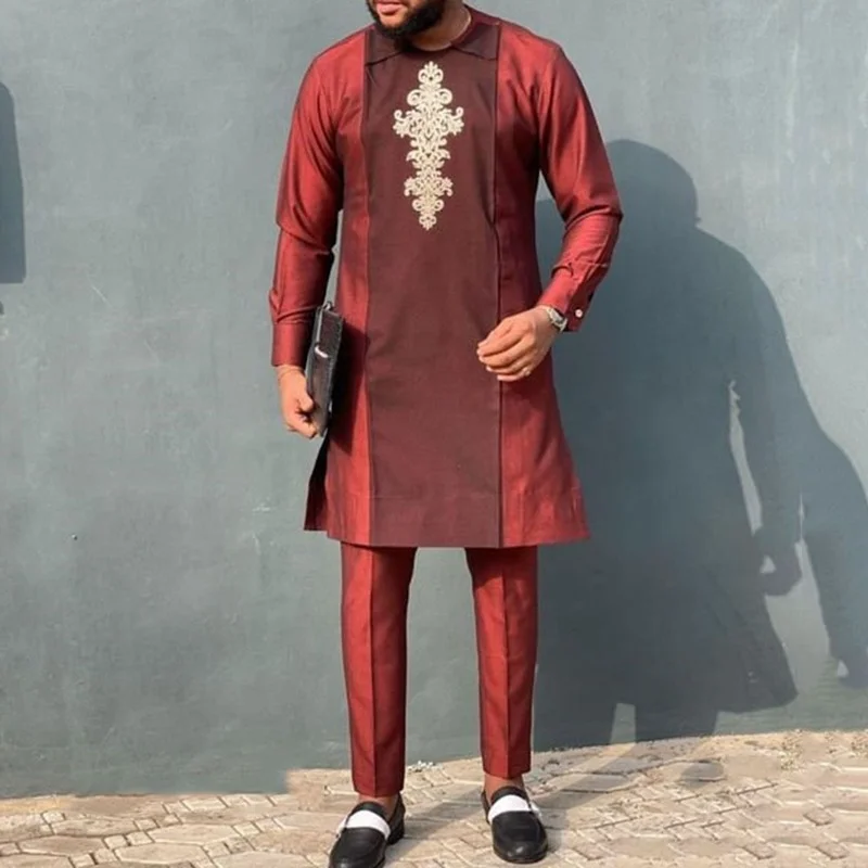 Islamic Men's Long Shirts Muslim Ethnic Straight Red Male Tops Spring Autumn Man Long Sleeve T-shirt African Clothing Ramadan