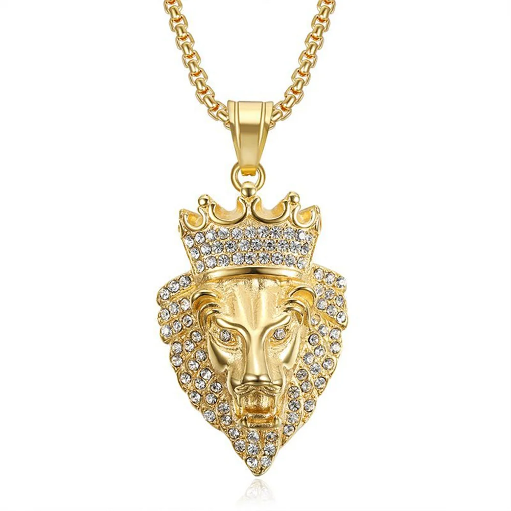 

Stainless Steel Crown Lion Head Pendand & Chain Gold Color Iced Out Bling Animal Necklace for Men Hip Hop Jewelry Dropshipping