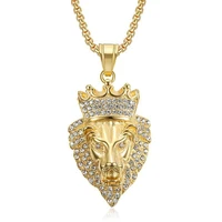 stainless steel crown lion head pendand chain gold color iced out bling animal necklace for men hip hop jewelry dropshipping