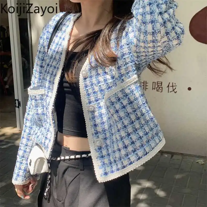 

Koijizayoi Fashion Women Plaid Cropped Jacket Chic Office Lady Daily Wearing Outwear Tops Chic Korean Dropshipping Coats 2022