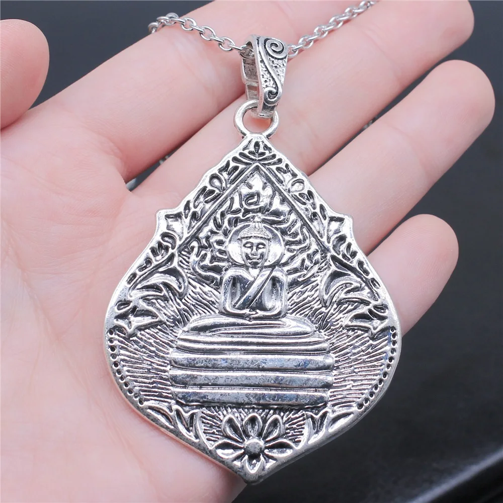

Vintage Antique Silver Plated 72x54mm Large Bodhi Leaf Buddha Pendant Necklace For Women Men Long Chain Jewelry Accessories