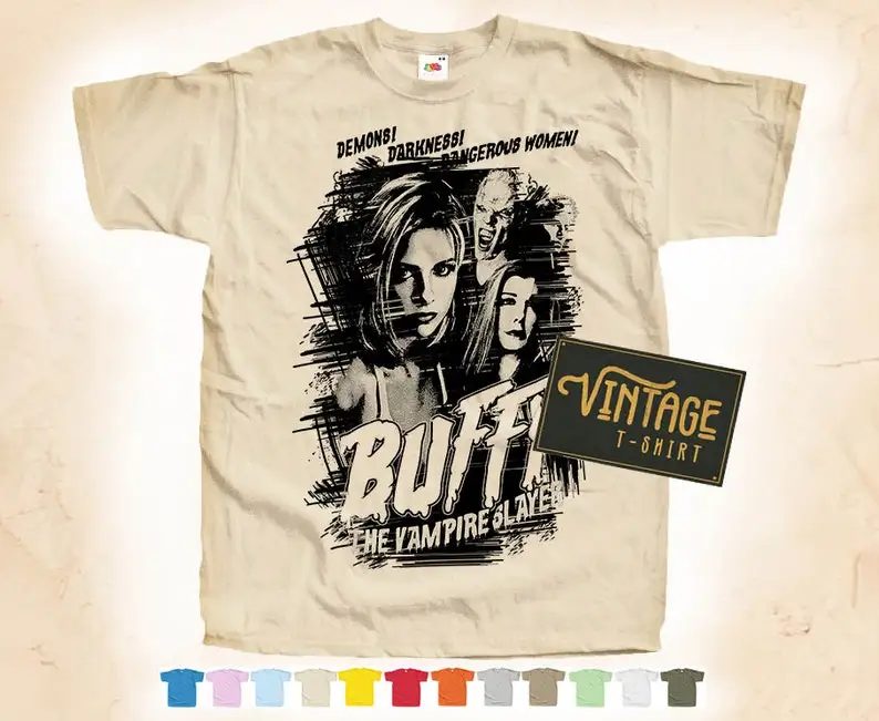 Черная печать: Баффи-убийца вампира V2 футболка натуральный винтажный хлопковый