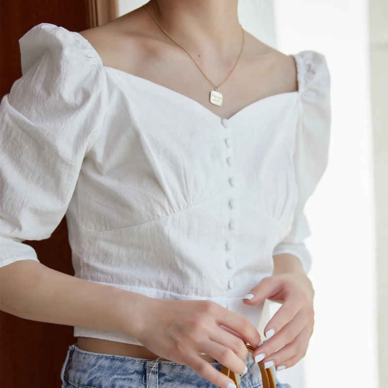 

2022 Summer Fashion Blouses Women White Button Short Vintage Blusas Mujer De Mode Puff Sleeve U Neck Slim Casual Shirts Female