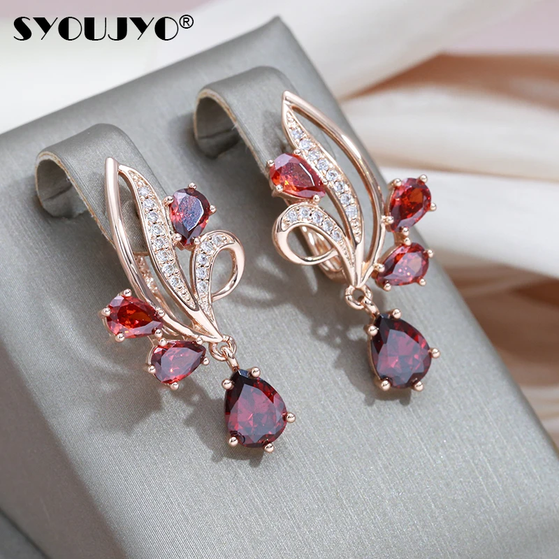 

SYOUJYO Red Flower Natural Zircon Long Dangle Earrings For Women 585 Rose Gold Color Vintage Fine Jewelry Luxury Wedding Earring