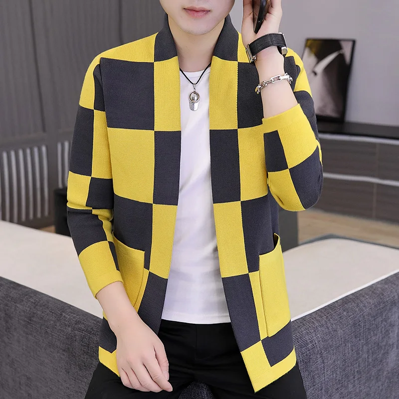 Men's Spring and Autumn Sweater Knitted Plaid Casual Cardigan Coat Long-sleeved V-neck No Placket Stretch Size M-4XL New
