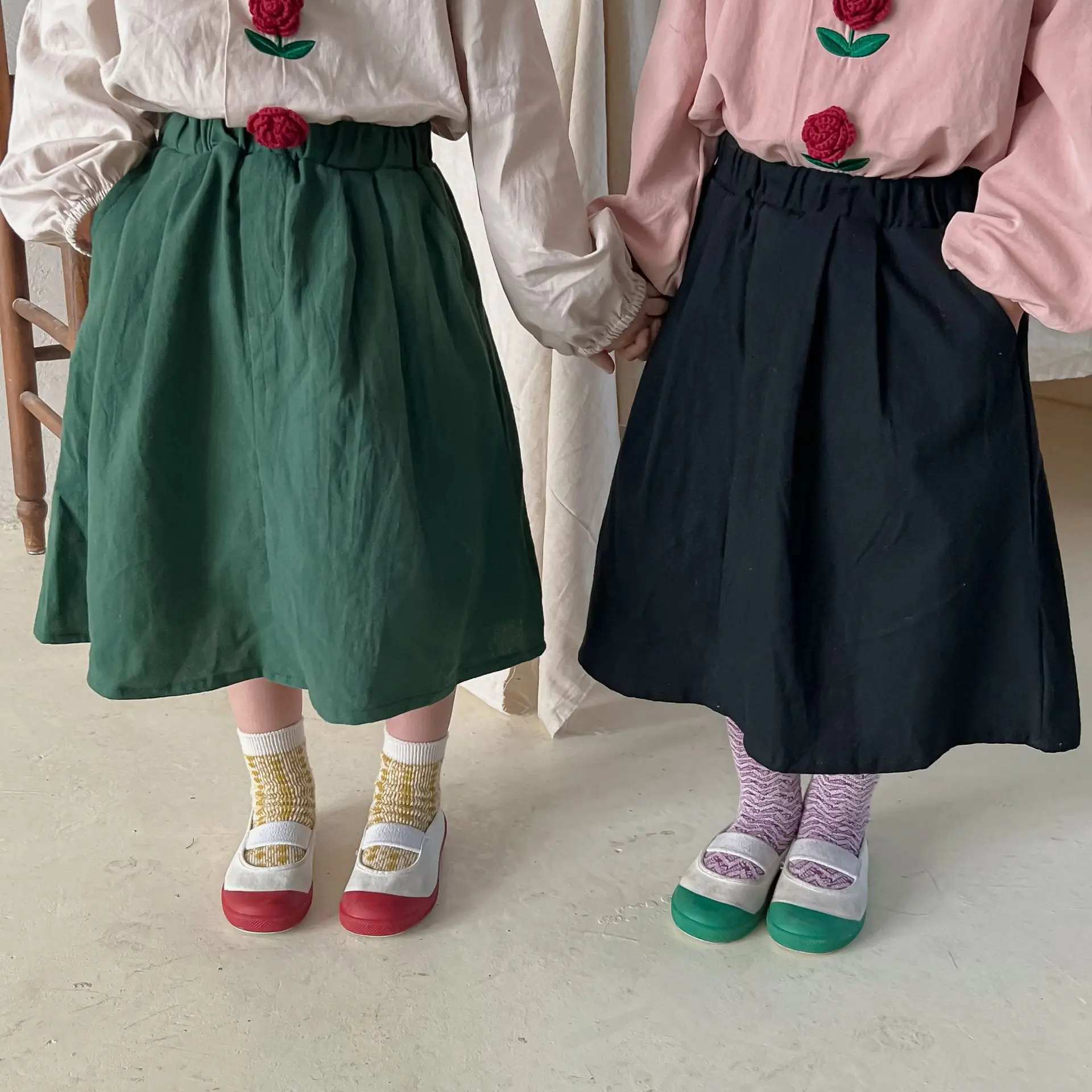 

2022 новая весенняя детская одежда однотонная детская юбка трапециевидной формы юбка средней длины для девочек