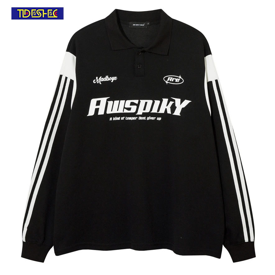 

Streetwear Hip Hop Letter Print Stripe Long Sleeve Tshirt Fashion Oversized Lapel T-shirt Retro American Style Sports T-Shirt