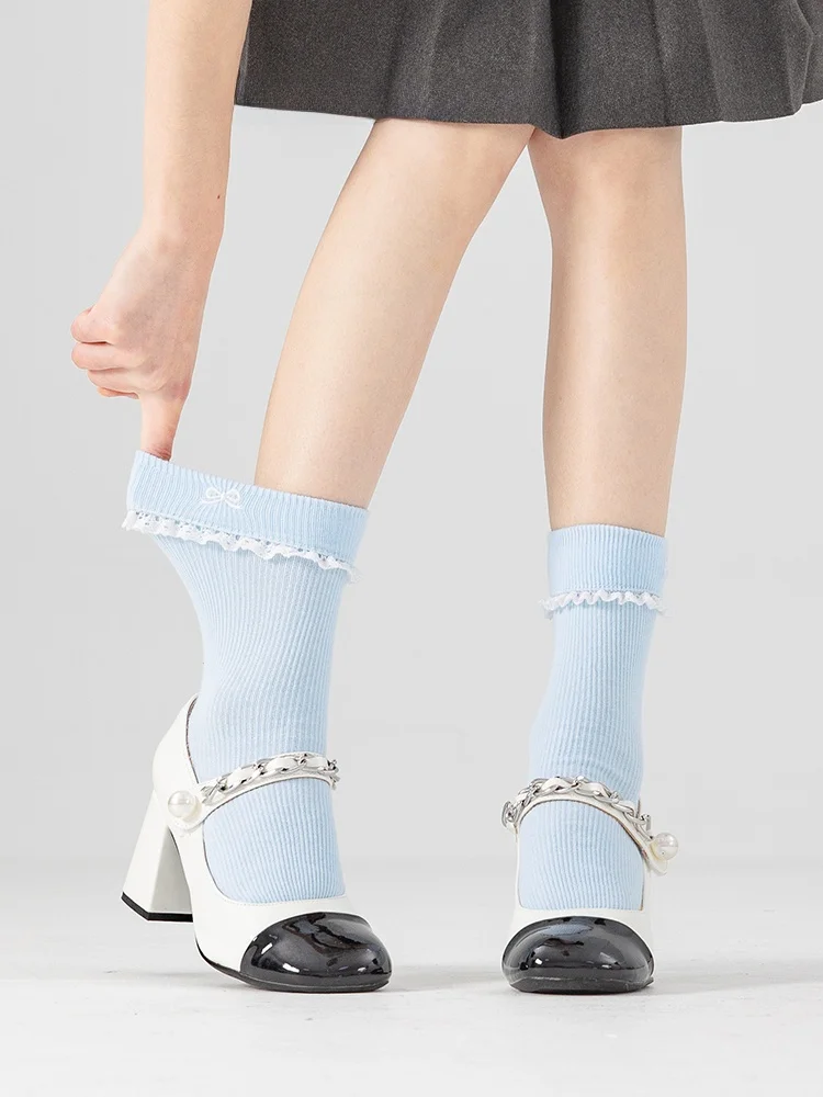Весенне-осенние синие носки из чесаного хлопка женские носки-трубочки японские