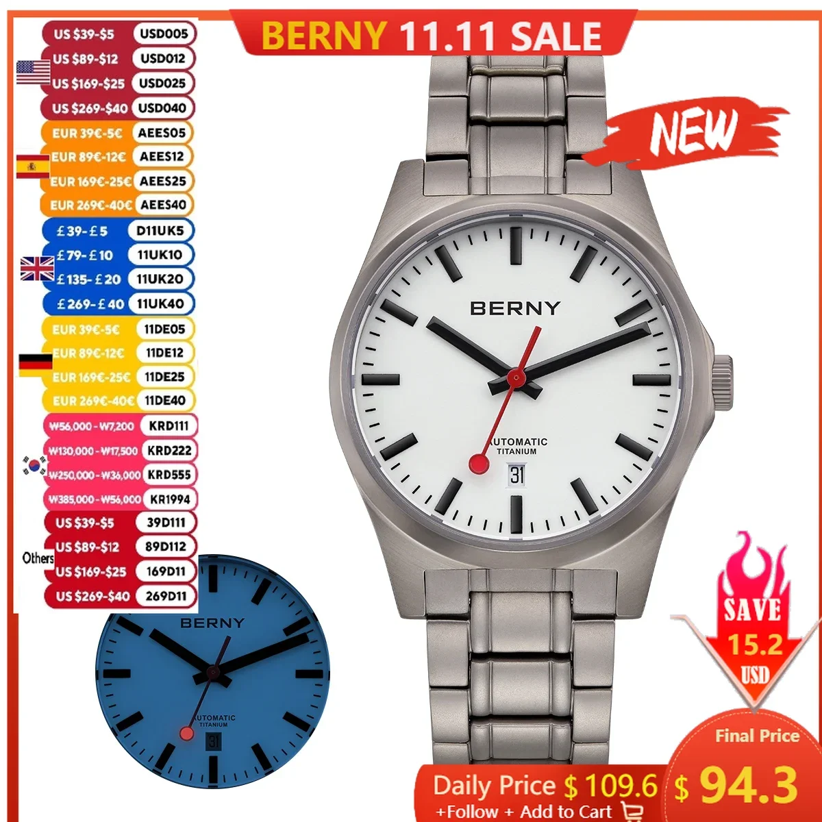 Мужские механические наручные часы BERNY BG-9102M с сапфировым стеклом