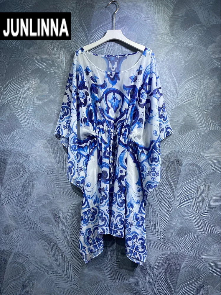 

JUNLINNA Women Loose Dress Summer O-Neck Batwing Sleeve Blue and White Porcelain Printing Asymmetrical Vestidos Waist Shrring