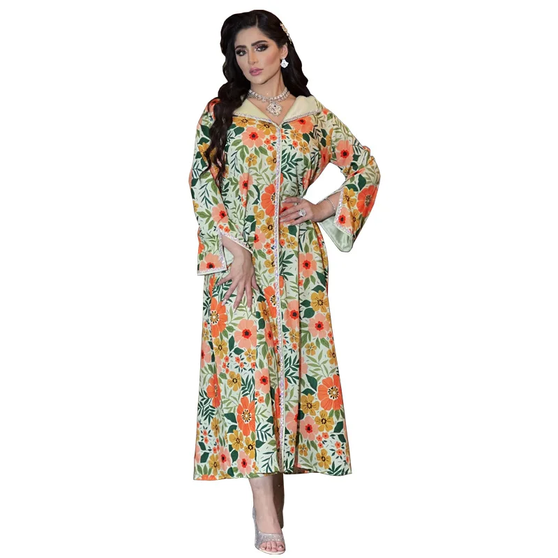 2023 Spring Muslim New Fashion Dress Middle East Gowns Multicolor Floral Printing Long Sleeves Crystals Elegant Ladies Dresses