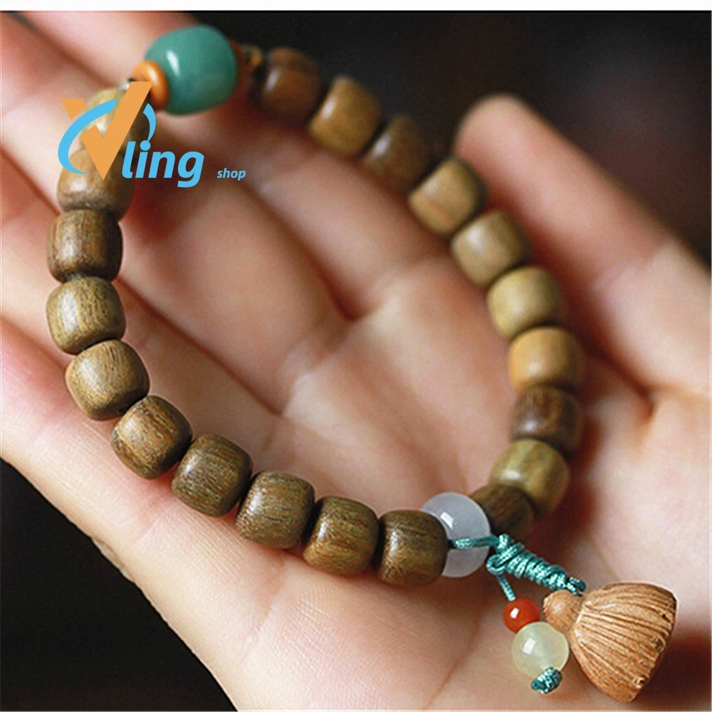 

Natural Green Sandalwood Prayer Lotus Pendant Malas Wooden Beaded Bracelets For Men Women Rosary Tibetan Buddhist Yoga Jewelry