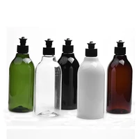 300ml 5 color available refillable squeeze pet plastic lotion cosmetics bottle with black pp hand pulling lids cap