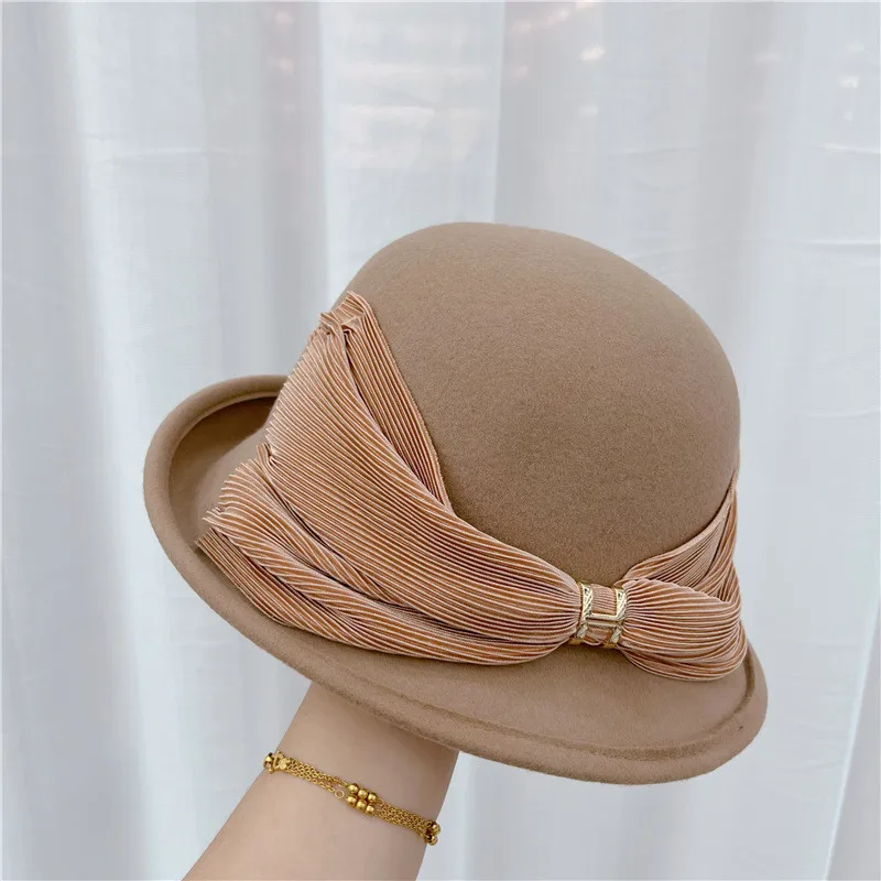 

202209-dudu Прямая поставка Высококачественный сатин плиссированный бант дизайнерская шерстяная фетровая женская панама женская повседневная ...