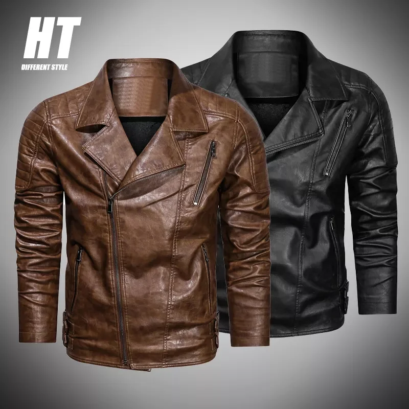 

NEW 2023 New Men's Biker Jacket Fashion Slim Lapel Collar Motorcycle PU Jackets Men Black Retro Casual Leather Coat Brand Cl