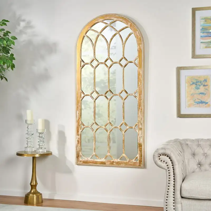 

Traditional Faux Wood Arched Windowpane Mirror, Distressed White and Copper