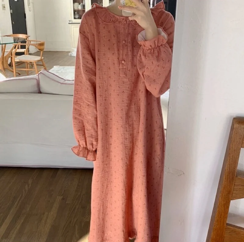 Autumn Ruffle Nightgown Women Cherry Print Sleep Dress Loose Casual Cute Homewear Long Sleeve O-neck Nightdress Sexy Soft S1032