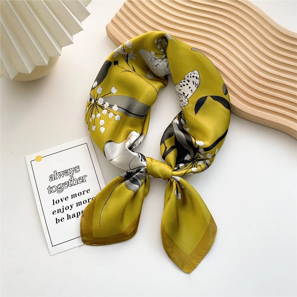 

New Fashion Women Multifunction Polyester Silk Scarf Blooming Flowers Printed Casual Satin Small Square Wraps Hair Band Scarves