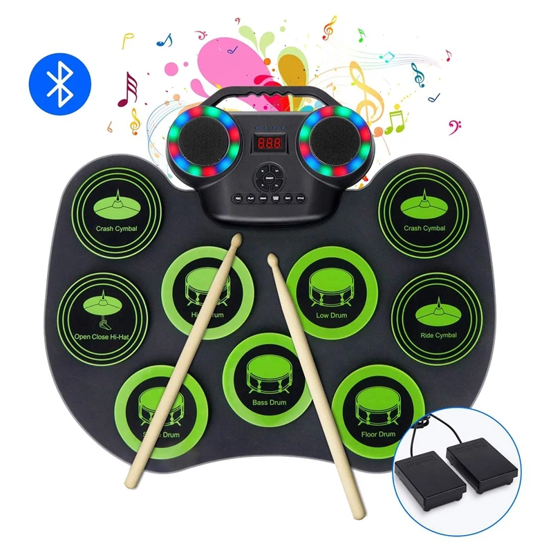 Electronic Drum Set For Kids,9 Pad Drum Kit With Cymbal And Built-In Speakers Portable Electronic Drum Kit (Black Green) enlarge