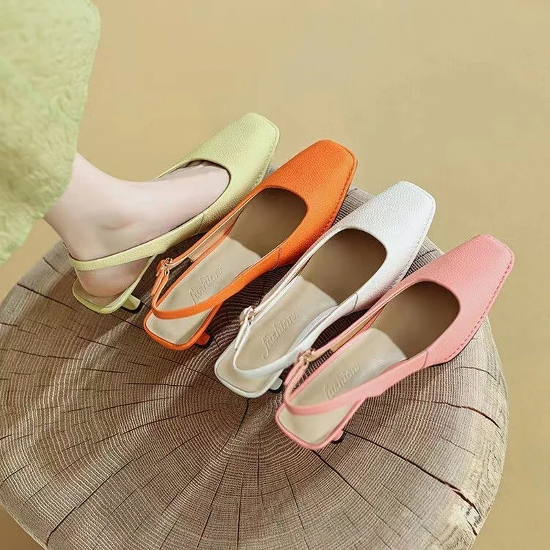 

2022 New Popular Genuine Leather Women Sandals Solid High Heels Ladies Square Toe Sewing Ladies Dress Shoes