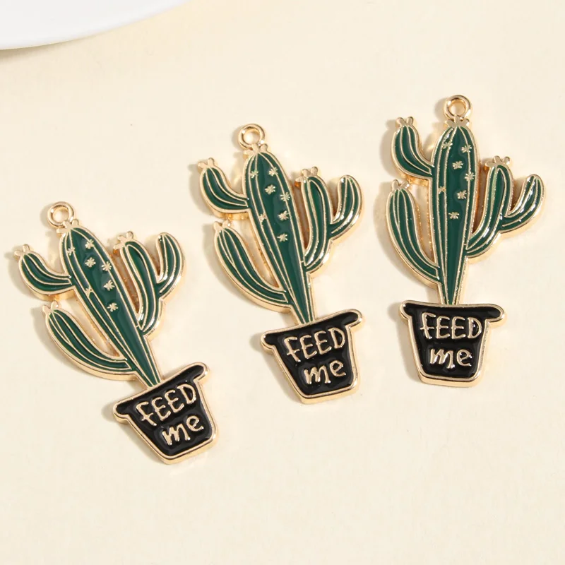 

5pcs Gold Color 43x23mm Enamel Plants Cactus Charms Feed Me Pendant For DIY Handmade Necklace Earrings Jewelry Making Accessorie