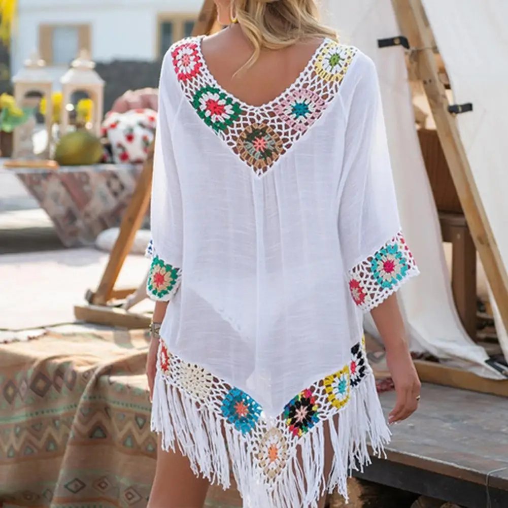 

New Beach Cover Up for Women Knitted Sunflower Beach Wear Solid Fringe Tunic Ladies White Bathing Suit Cover-ups Bikini Ups