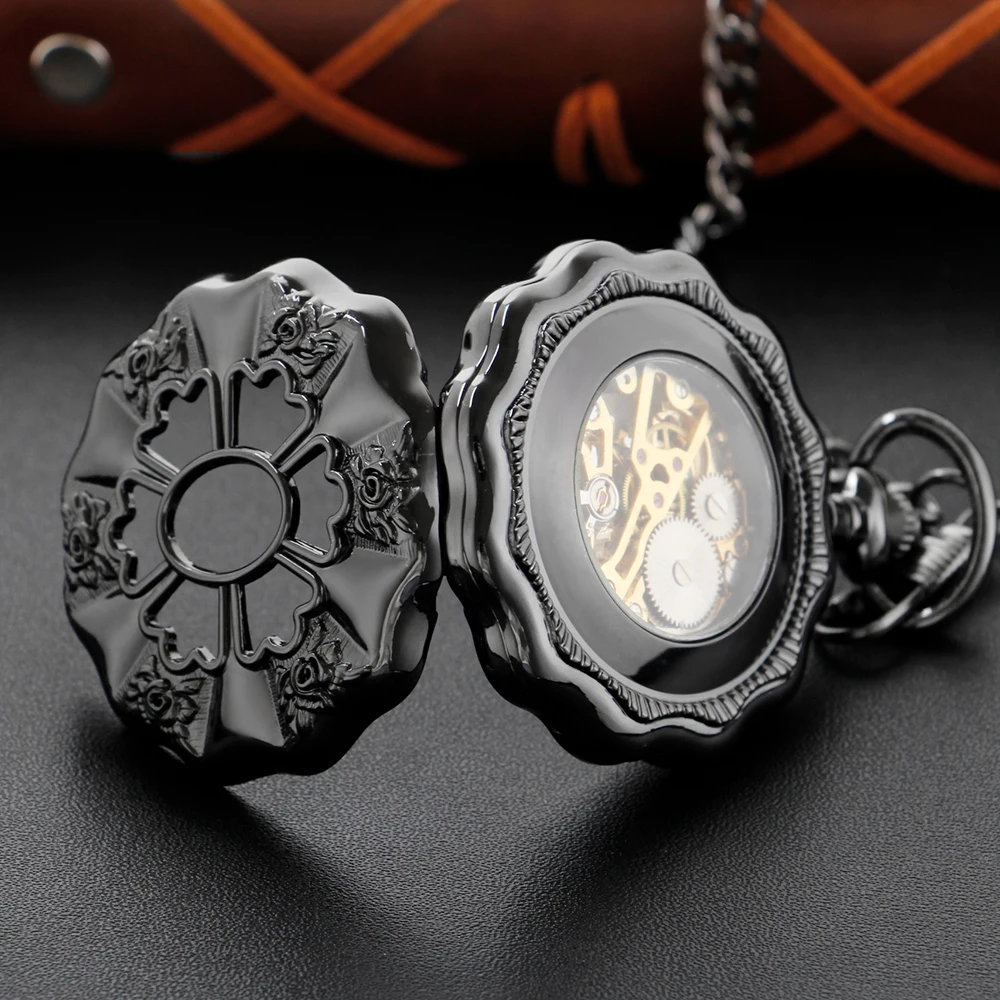 Black Petal Shaped Design Manual Gentleman Mechanical Pocket Watch Retro Men's Necklace Pendant Clock Women's Jewelry Gift
