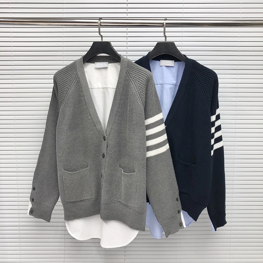 TB Thom Cardigan V Neck Wool White 4-Bar Striped Design Loose Jacket Outerwear Korean High Quality Men's Sweater